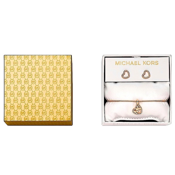 Michael Kors Rose Gold Crystal Heart Stud Earring & Logo Charm Bracelet Box Set. - Picture 6 of 16